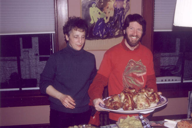 Alyce and Dave with five chickens